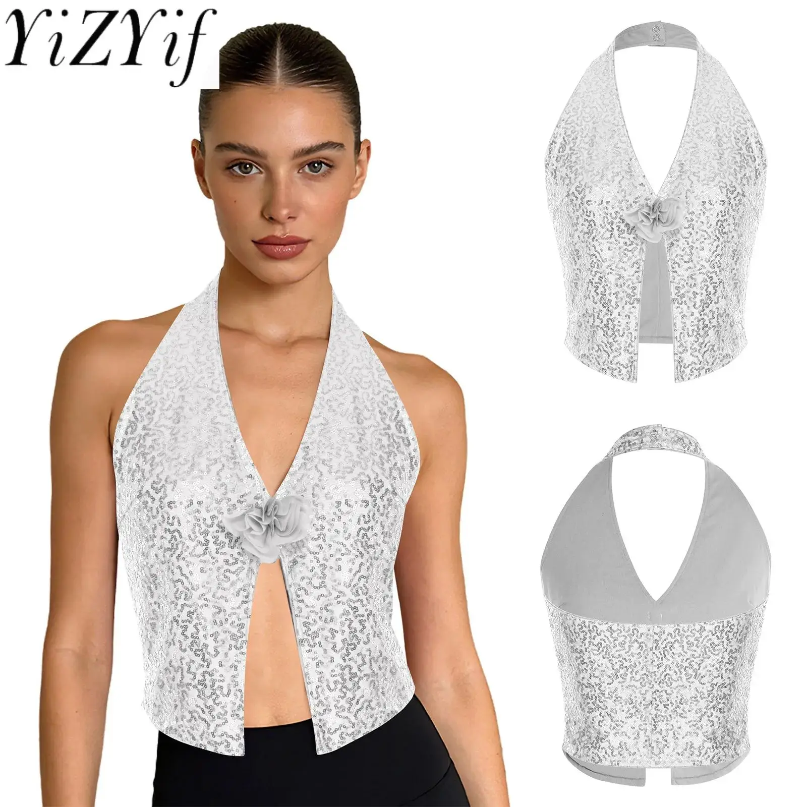 

Women Fashion Sequins Shiny Vest Tops Halter Sleeveless Backless Crop Top for Party Club Disco Raves Stage Performance Tank Tops