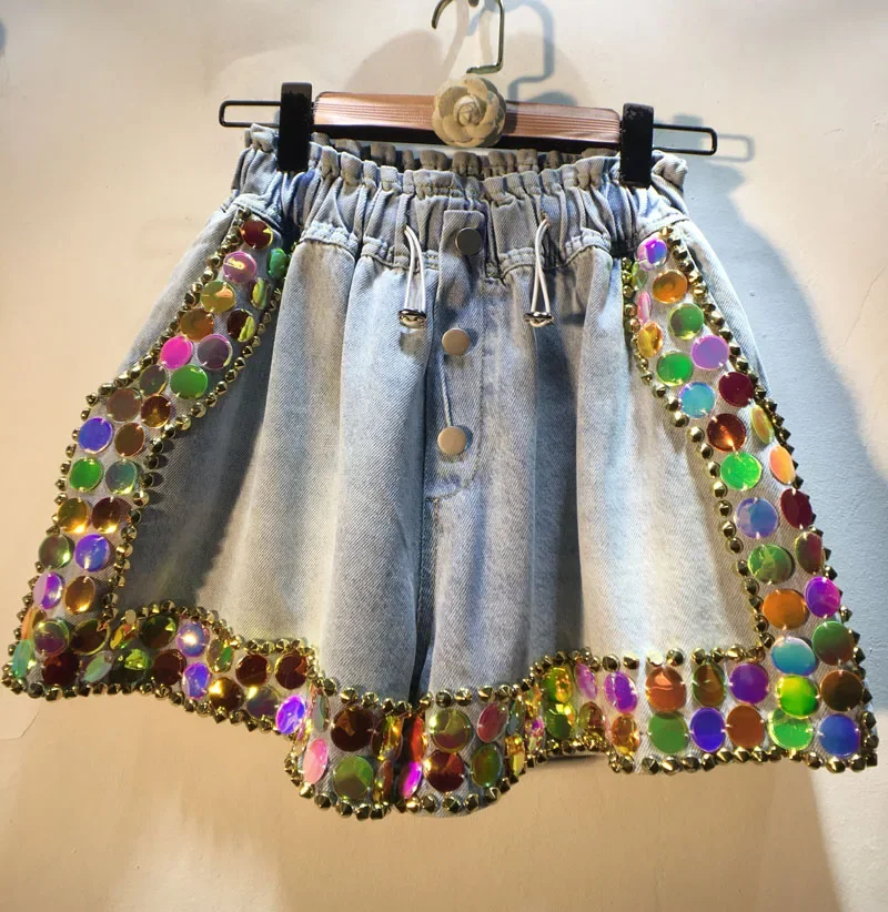 

Wide-Leg Blue Denim Shorts Womans European Fashion 2023 Summer New Heavy Industry Beads Large Sequined High Waist Hot Pants