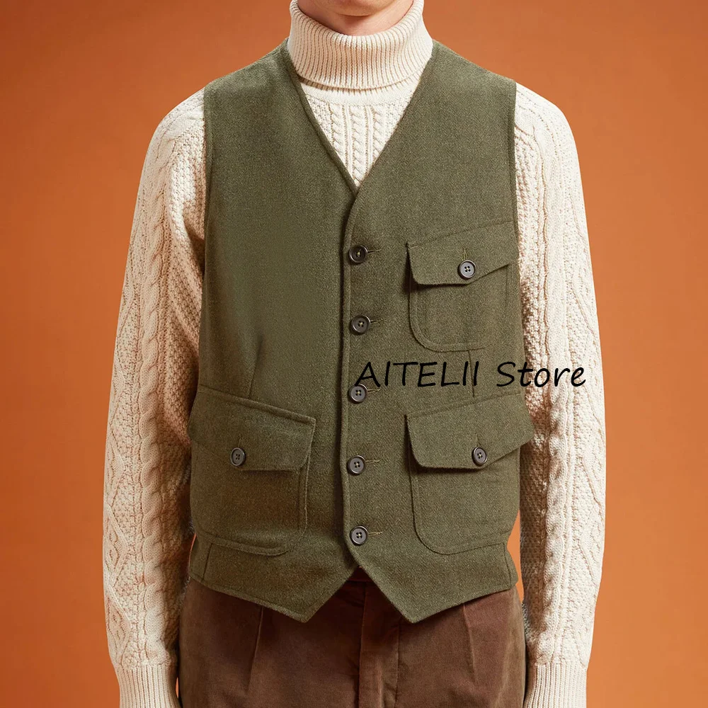 

Классический жилет с тремя клапанами и карманами, v-образным вырезом, шерстяная ткань, модный костюм, повседневные осенне-зимние мужские рабочие костюмы, блейзер, одежда