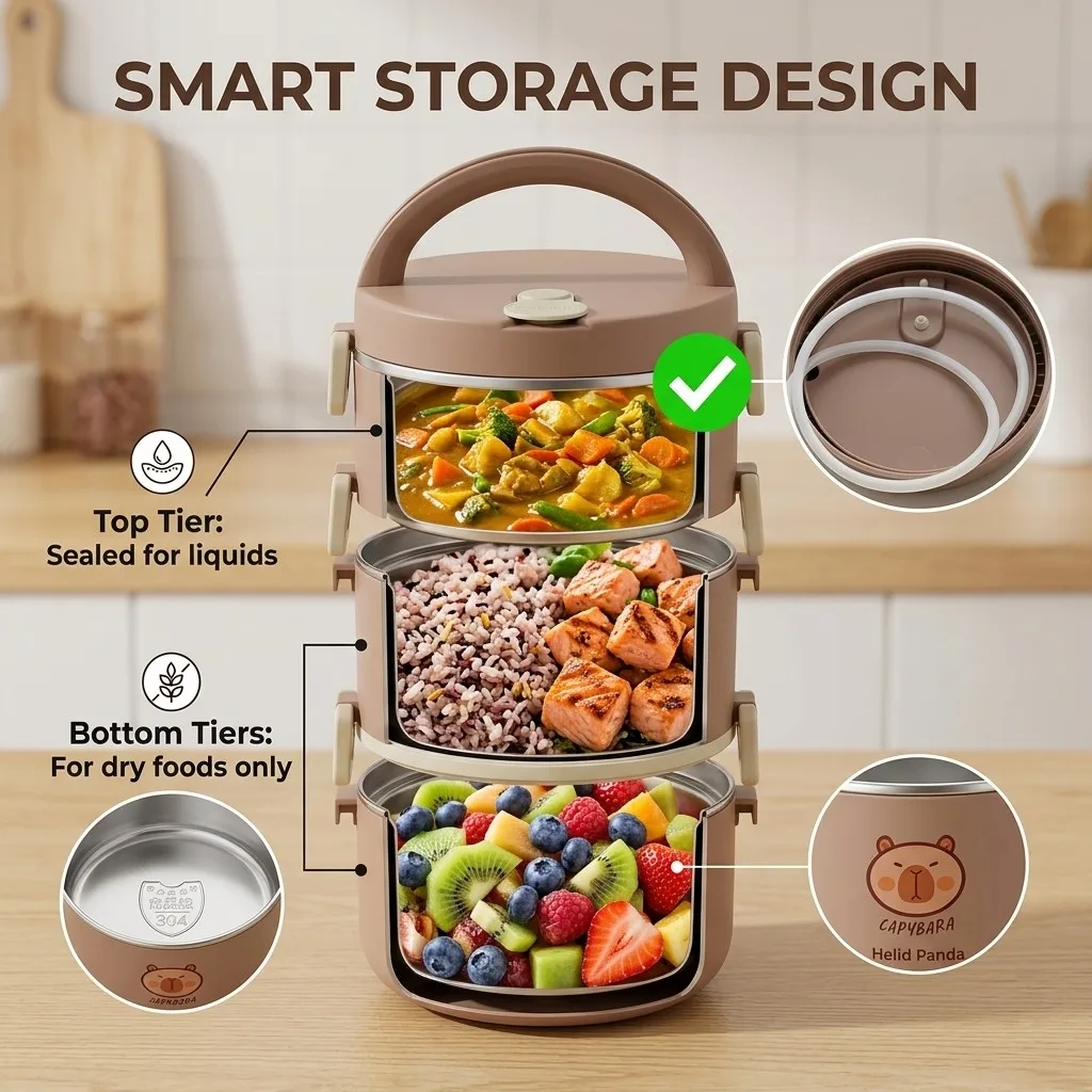 304 Stainless Steel Thermal Lunch Box Bento Box Set Microwavable Portable Food Storage Containers Kawaii Kids School Adults Work view 5