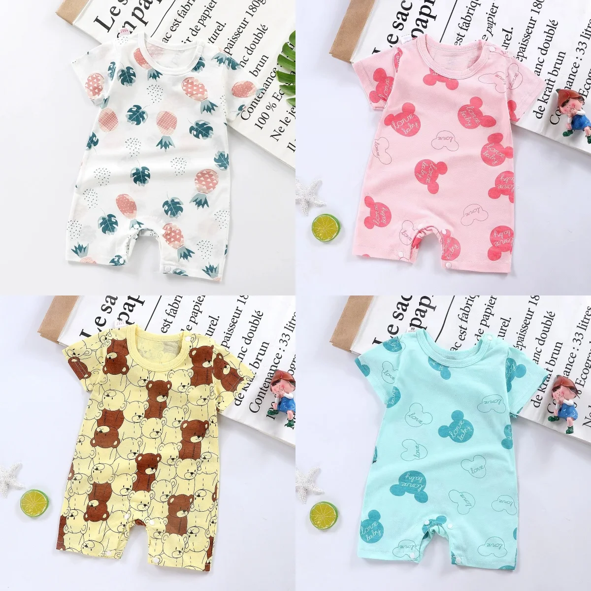 

Baby Cartoon Print Short Sleeve Romper, Newborn Infant Cotton Jumpsuit with Pineapple/Bear Patterns, Baby Onesie for Summer