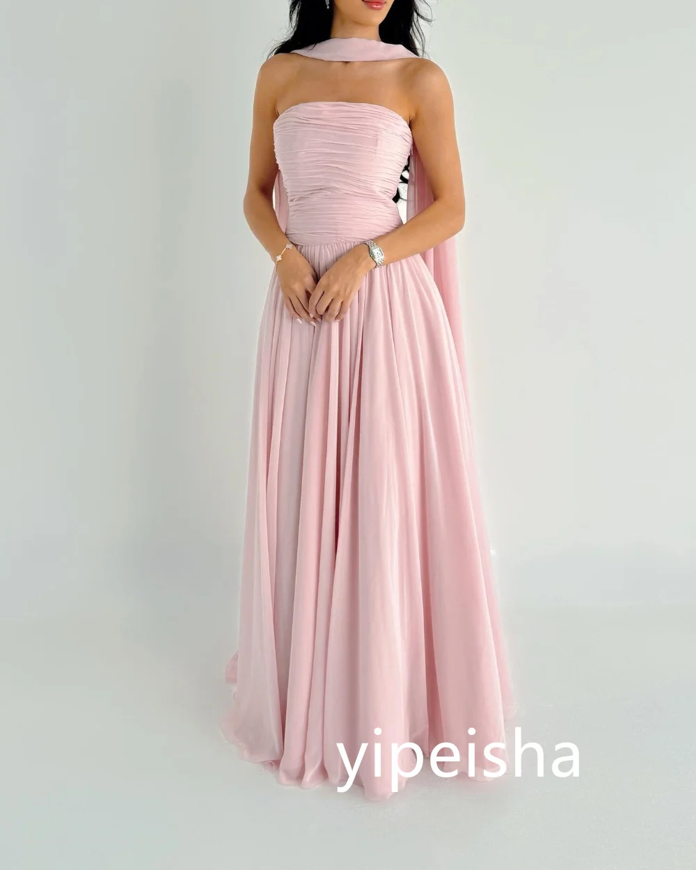 Customized Sparkle Chiffon Pleat A-line Strapless Midi Dresses Evening Dresses Classic Exquisite Modern Style Pastrol Unisex For