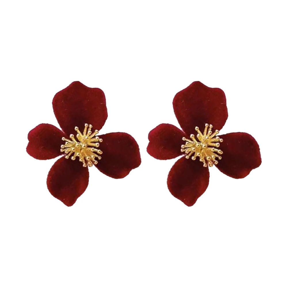 Autumn Winter Black Burgundy Color Velour Flower Earring for Women Golden Metallic Floral Drop Earrings