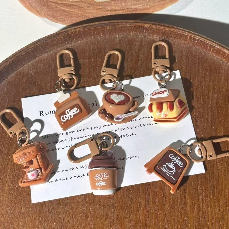 5Pcs Cute Mini Coffee Cup Keychain Cartoon Coffee Shop Resin Pedant Keyring Women Phone Case Accessories