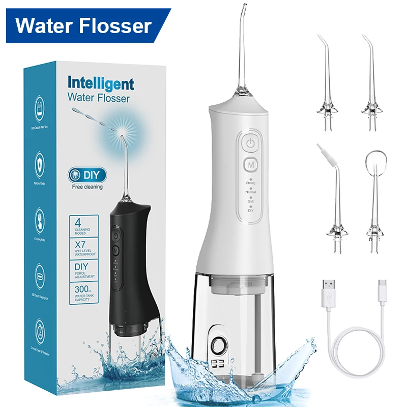 

Electric water flosser oral irrigator USB rechargeable Portable waterproof Teeth cleaning whitening 300ml4-speed modes Family