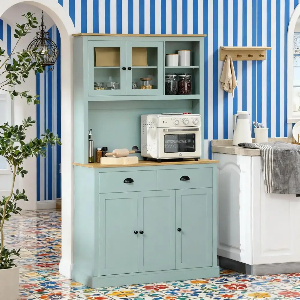 

Light Blue Pantry Storage Cabinet Freestanding Kitchen Buffet with Hutch with Drawers, Glass Doors, and Adjustable Shelves