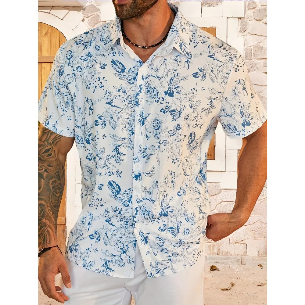 Vintage Blue And White Porcelain Flower Print Men Short Sleeve Shirt Versatile Washable Outdoor Holiday Loose Casual Tops