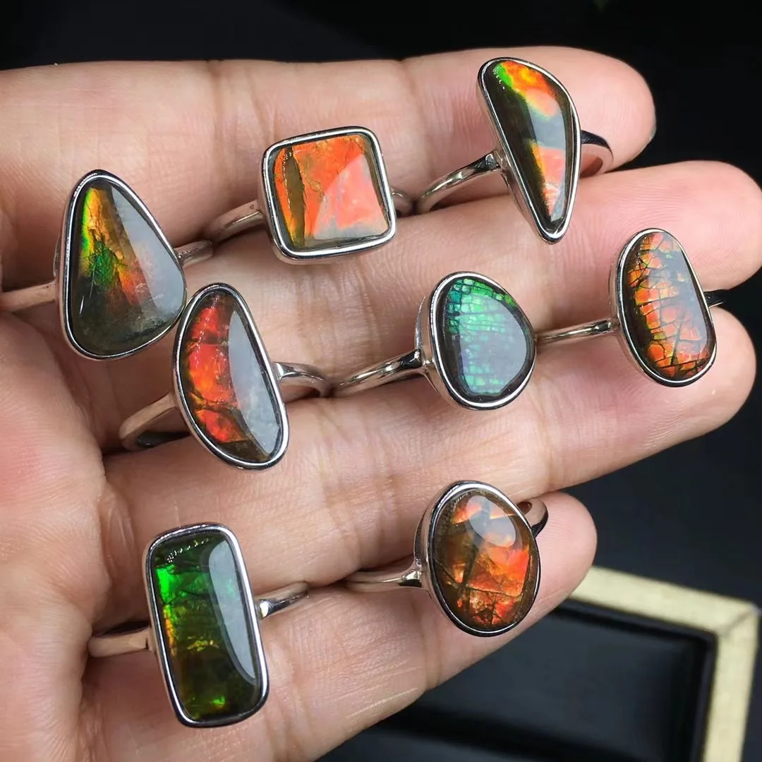 

1 Pc Fengbaowu Natural Colorful Ammolite Ring Irregular Shape Stone 925 Sterling Silver Fashion Jewelry Gift For Women Men