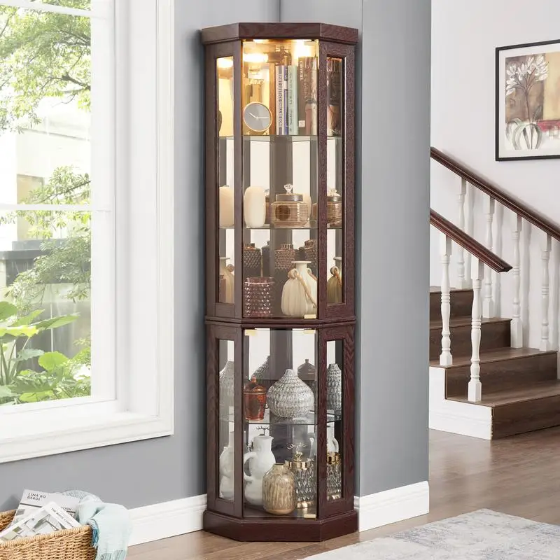 Lighted Curio Cabinet - Corner Display Case for Living Room, Antique Collection, Wine & Bar Glass Storage, Dark Cherry Finish,