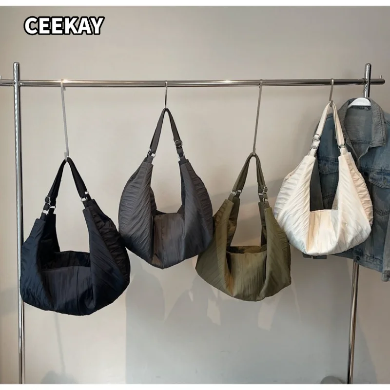 CEEKAY Women's Hobo Bag Black Ruched Fabric Large Shoulder Handbag Zipper Closure Daily Casual Minimalist Style Handbag