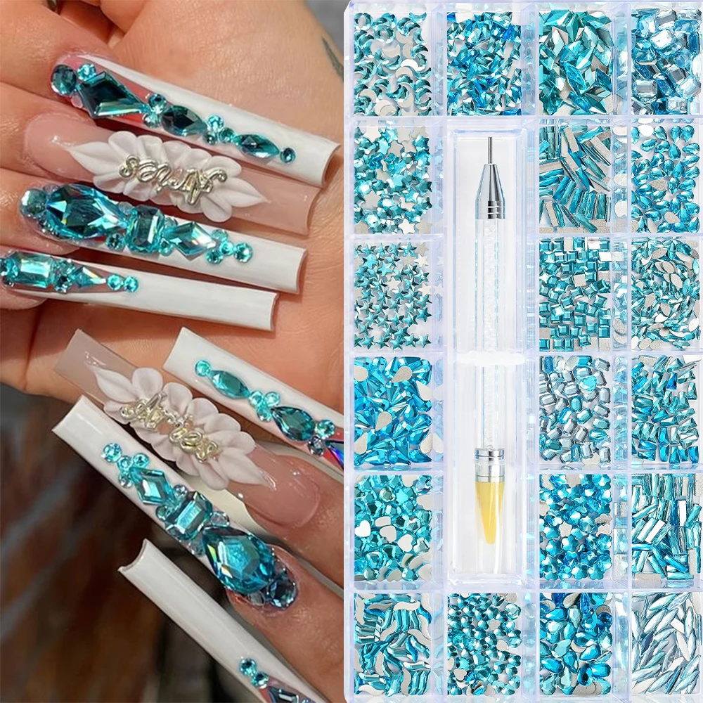 

1000pcs Multi-Shape Crystal Rhinestones for Nail Art Lake Blue Glass Nail Jewelry Flatback Gemstones for Nail Decor with Picker*