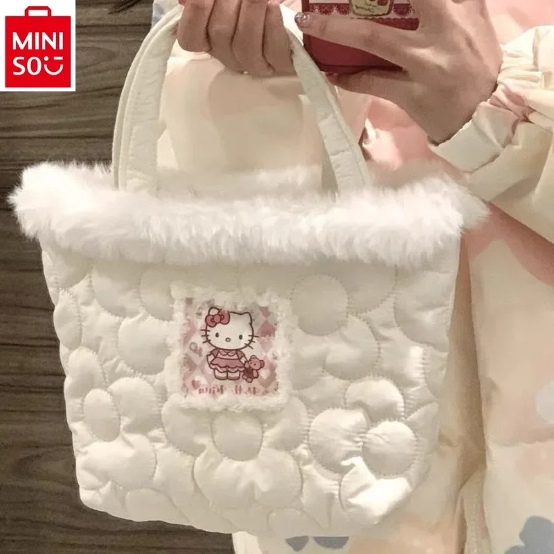 MINISO 2024 New Hello Kitty Plush Edge Handbag for Women, Sweet and Fresh, Large Capacity Versatile Shoulder Bag