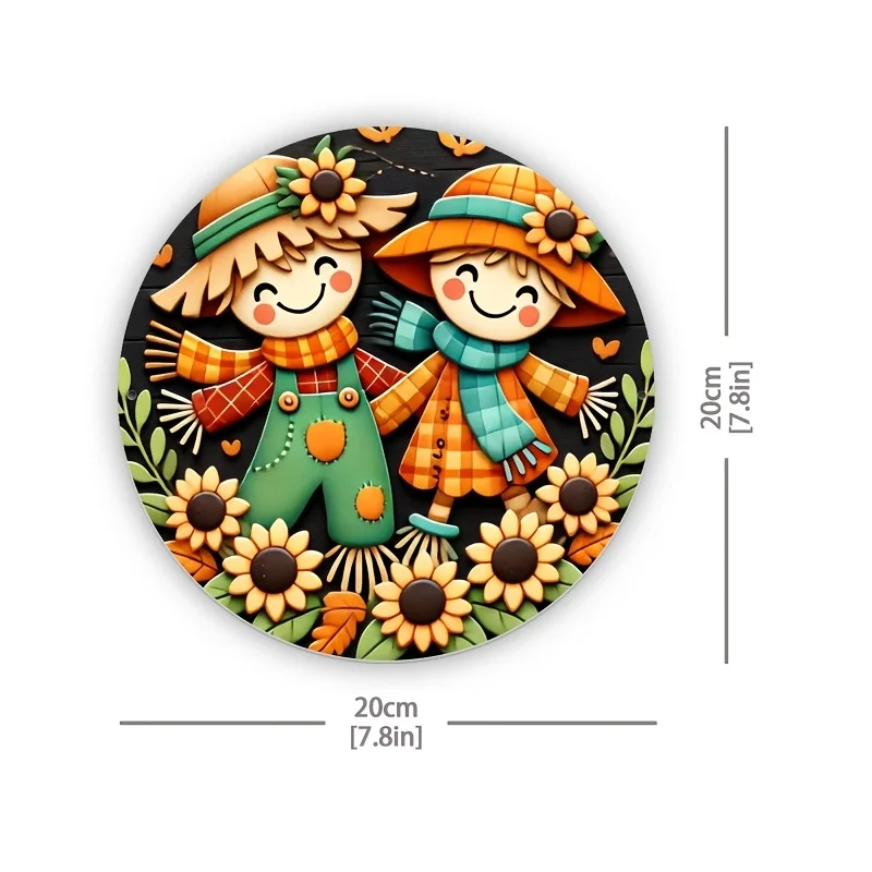 Sunflower Nocturne, Charming 8.0X8.0inch Wooden Wreath Sign with Scarecrow And Sunflowers - Durable, Scratch-Resistant Wood Deco