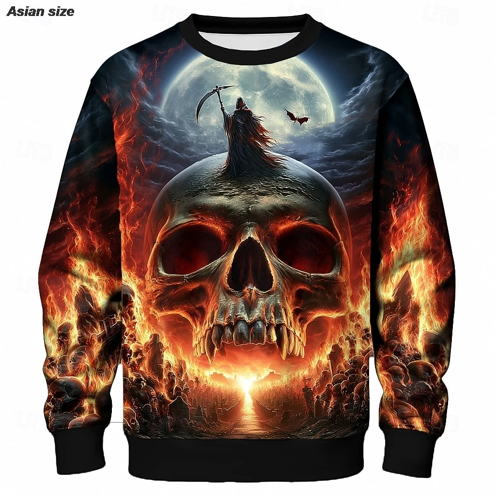 Fleece Sweatshirts Halloween Men's Skulls Sweatshirt Punk Party Gothic Crew Neck Vacation Black 1 Black 3 Black