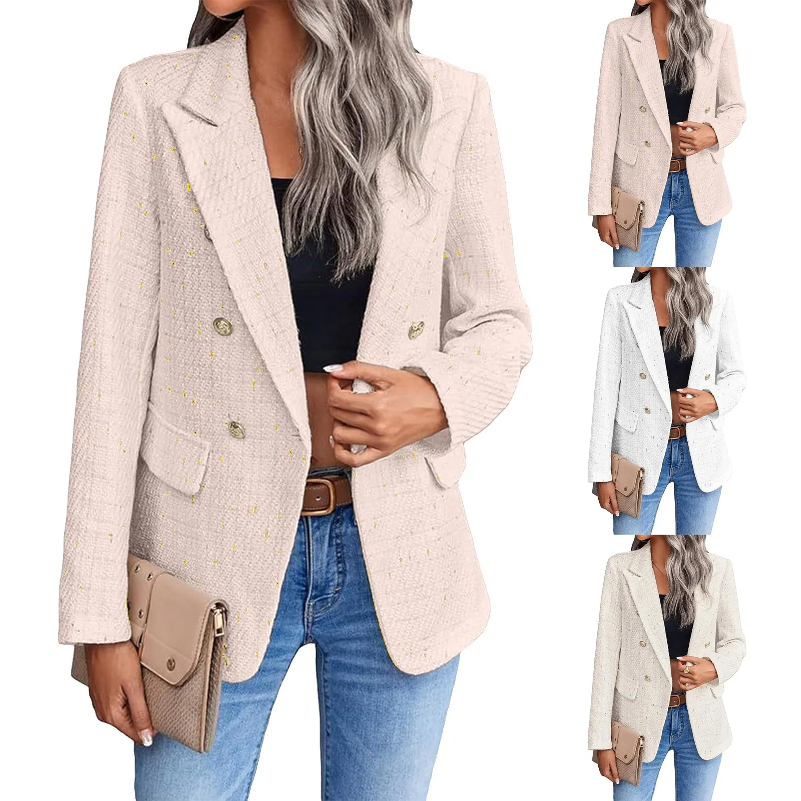 Women Fashion Tweed Double Breasted Blazer Coat Vintage Long Sleeve Flap Pockets Female Outerwear Chic Veste Femme