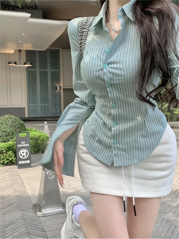 Slim Shirts Women Striped Simple All-match Korean Style Daily Sexy Elegant Harajuku Trendy Casual Hotsweet Colorful Summer Retro