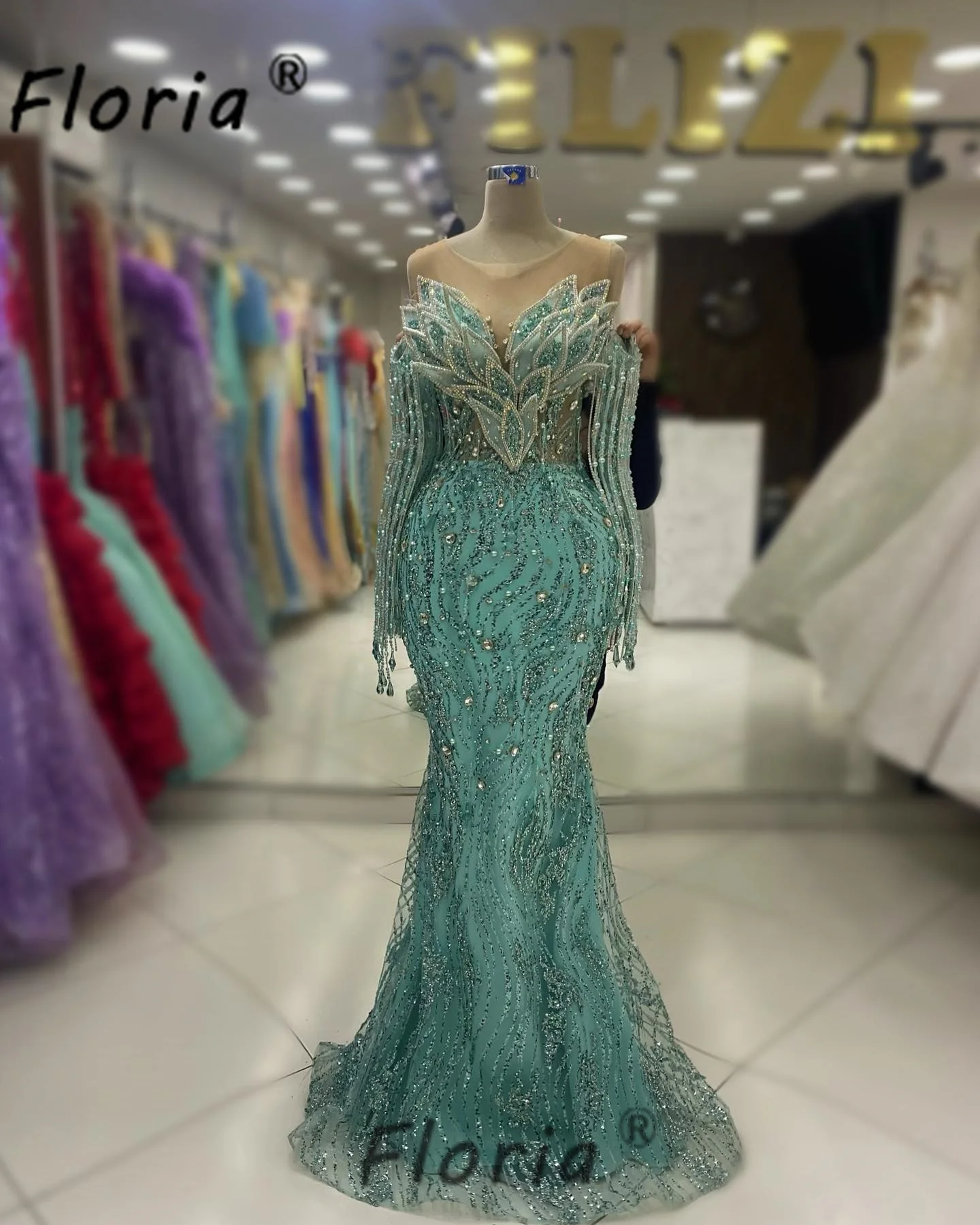 Luxury Mint Green Mermaid Evening Dresses with Tassel Off Shoulder Beaded Crystal 3D Leaves Wedding Party Dress Celebrity Gowns