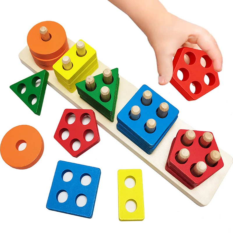 

Children Wooden Toys Montessori Geometric Shape Match Blocks Pillar Enlightenment Assembling Children's Early Education Toys