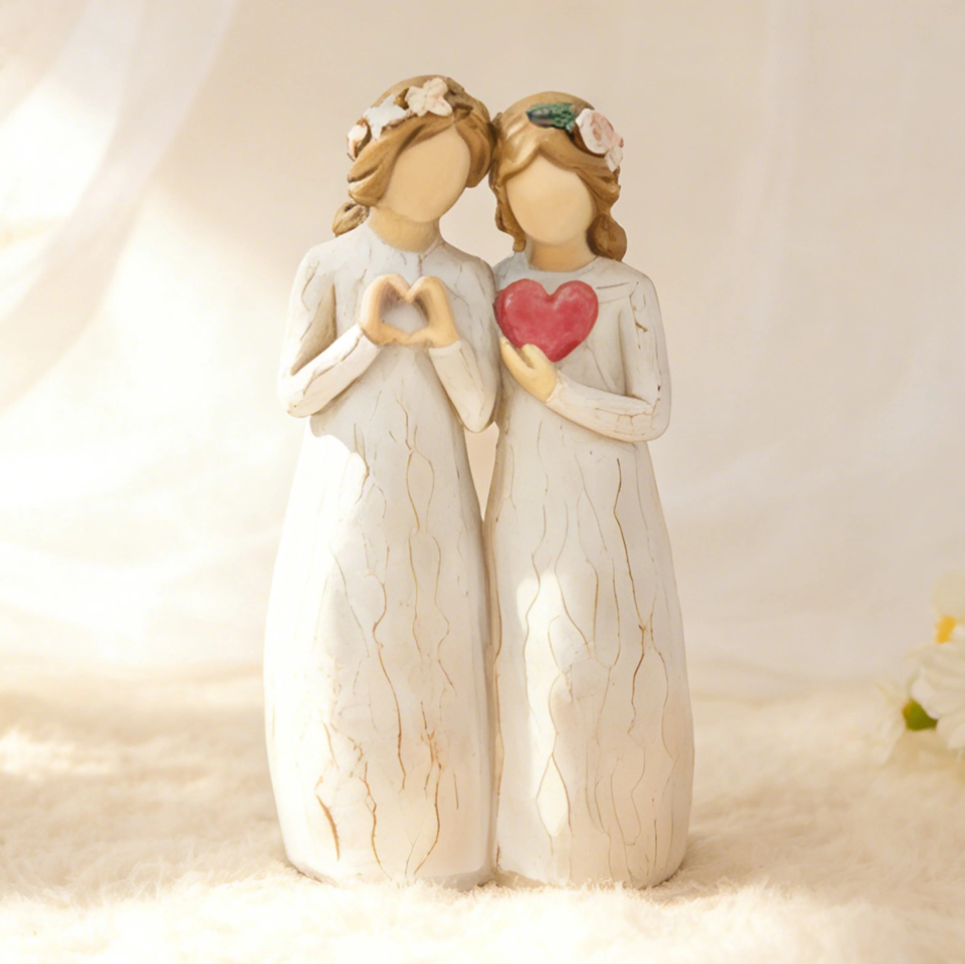 Hand Painted Resin Two Sisters Figurine Heart Sculpture Tabletop Statue Home Decor Friendship Birthday Gift