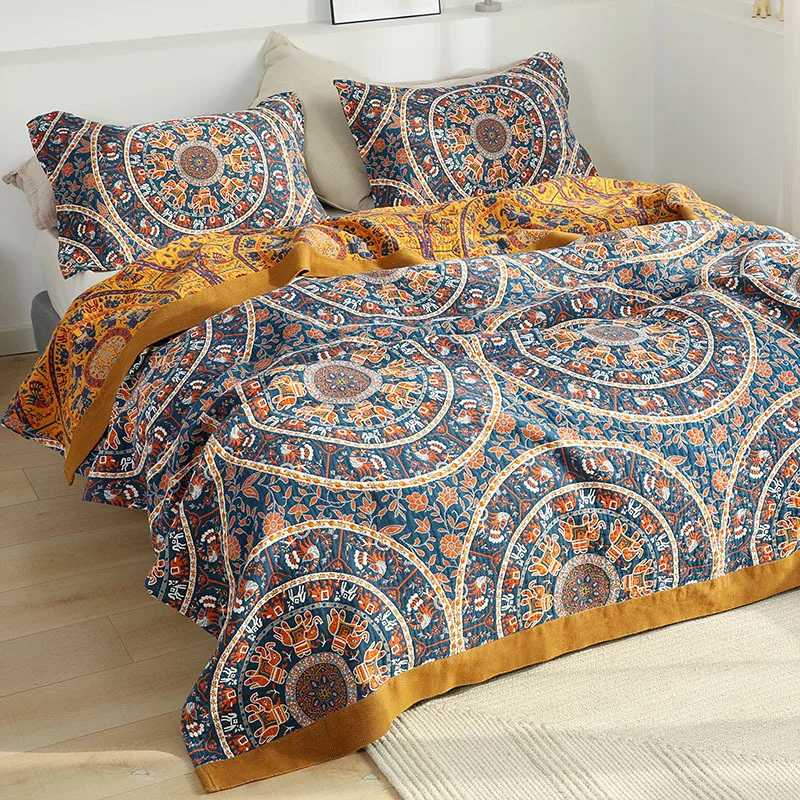 Delicate Cotton Towel Blanket for Double Beds, Blue Flowers Bedspread, High Quality, 150*200, 200*230 cm