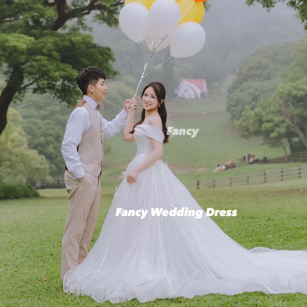Fancy Princess Off Shoulder Wedding Dress Korea Photoshoot Organza Bow Bridal Gown Back Corset Customized