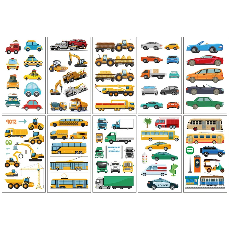 10 Pcs/Set Children Cute Cartoon Transport Tattoo Stickers for Kids Engineering Vehicle Cars Fake Temporary Tattoo Boys Gift