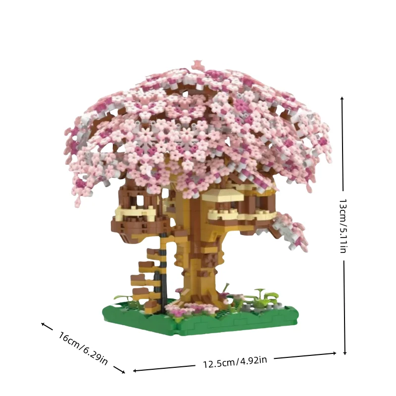 1000+ Teile Kirschblüten-Baumhaus-Bausteine, Heimdekoration, stilvolle Raumverschönerung, Weihnachtsgeschenk (ohne Box) – Detail 9