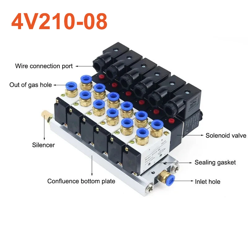 

12/24V DC 110/220V AC Multi Option 4V210-08 Pneumatic Solenoid Valve Block With Muffler Fitting Base Manifold 2/3/4/6 Way