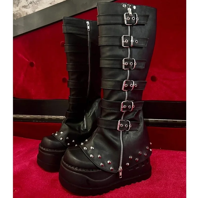 

Metal Rivet Buckle Belt Removable Boots Sexy Round Toe Platform Matte Leather New Arrivals Fashion Women Modern Boots