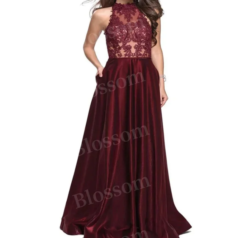 

Lace turtleneck Ball dress Applique pleated Cocktail dress Elegant sleeveless floor-length formal party evening dress