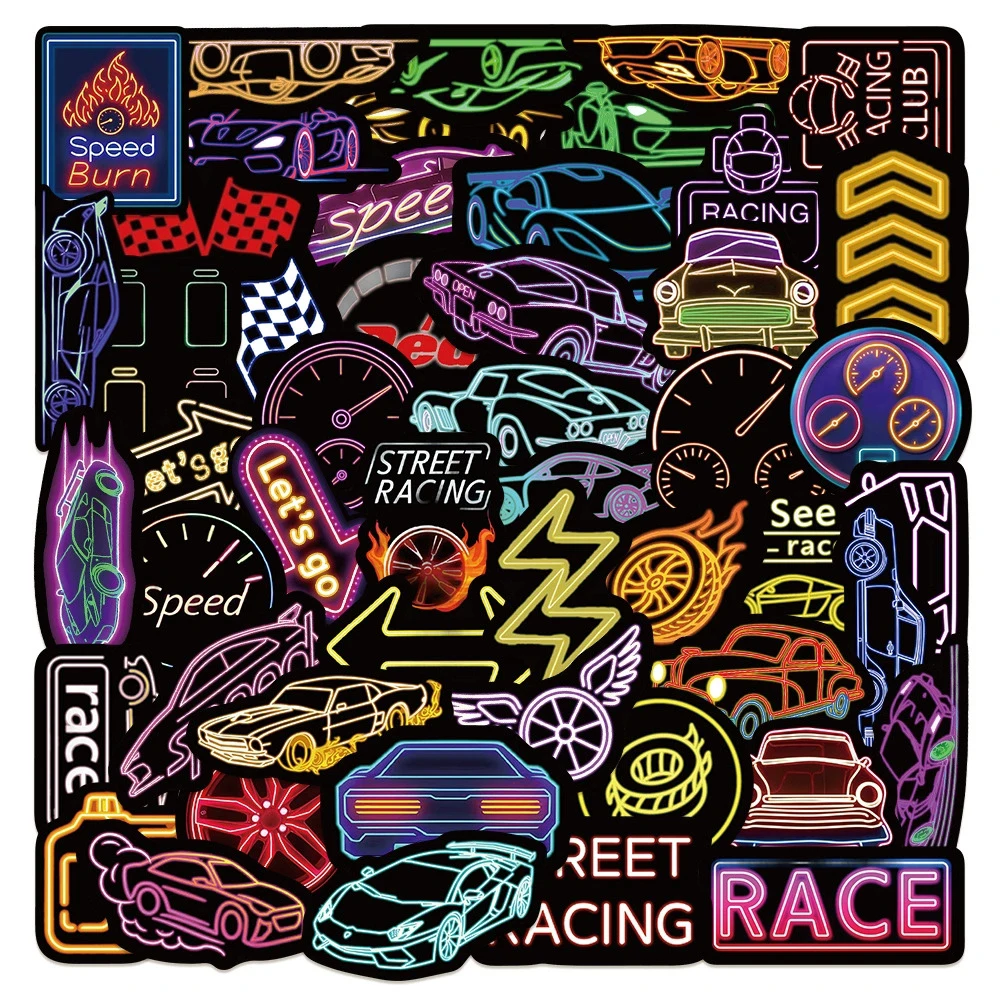 10/30/50pcs Neon Racing Car Cartoon Stickers CoolGraffiti Helmet Phone Skateboard Classic Waterproof Decals Toys Gifts