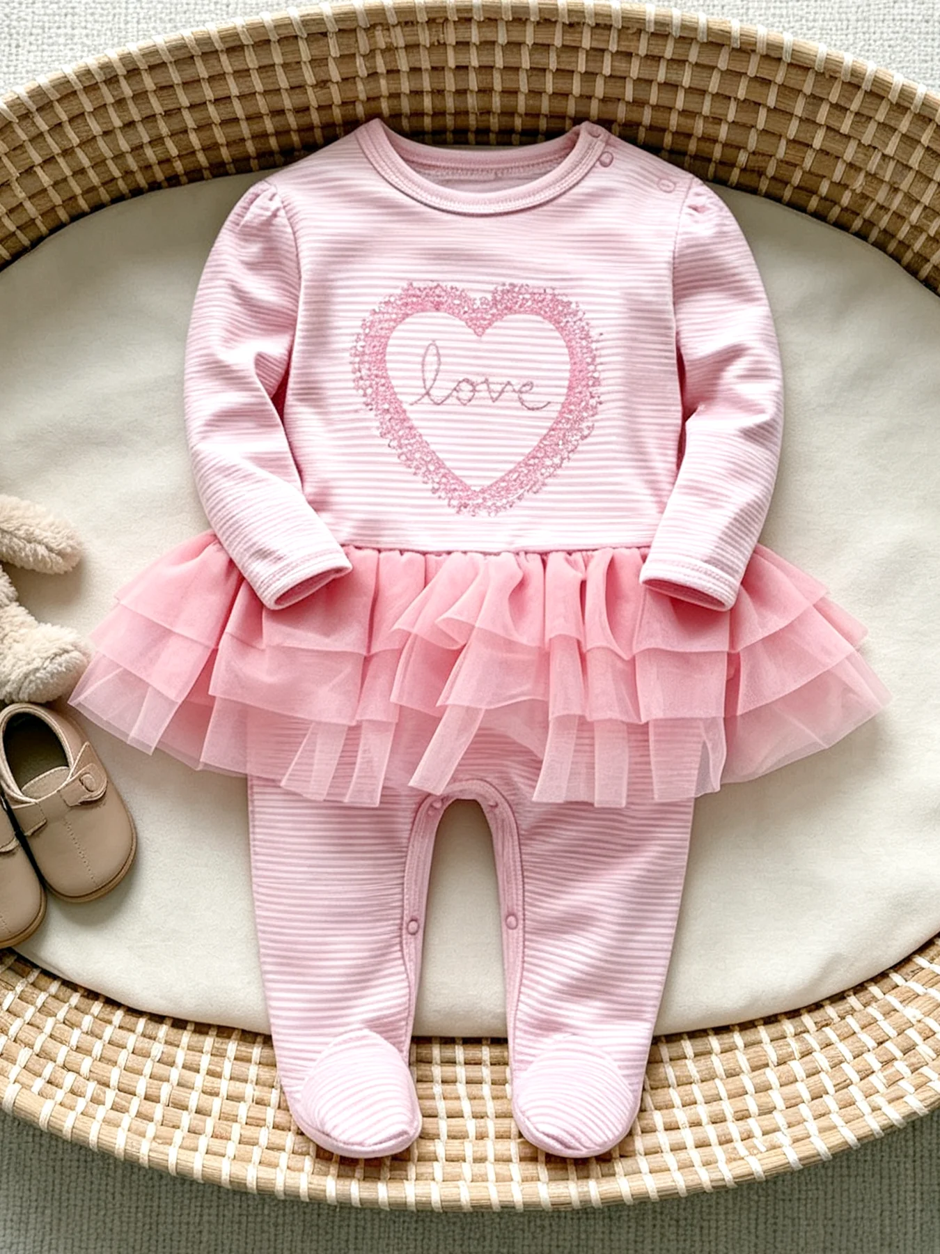 Baby Girl Striped Heart-Print Light Pink Tulle Skirt, Sweet Princess-Style Long-Sleeve Footed Onesie—Newborn New Year's Gift