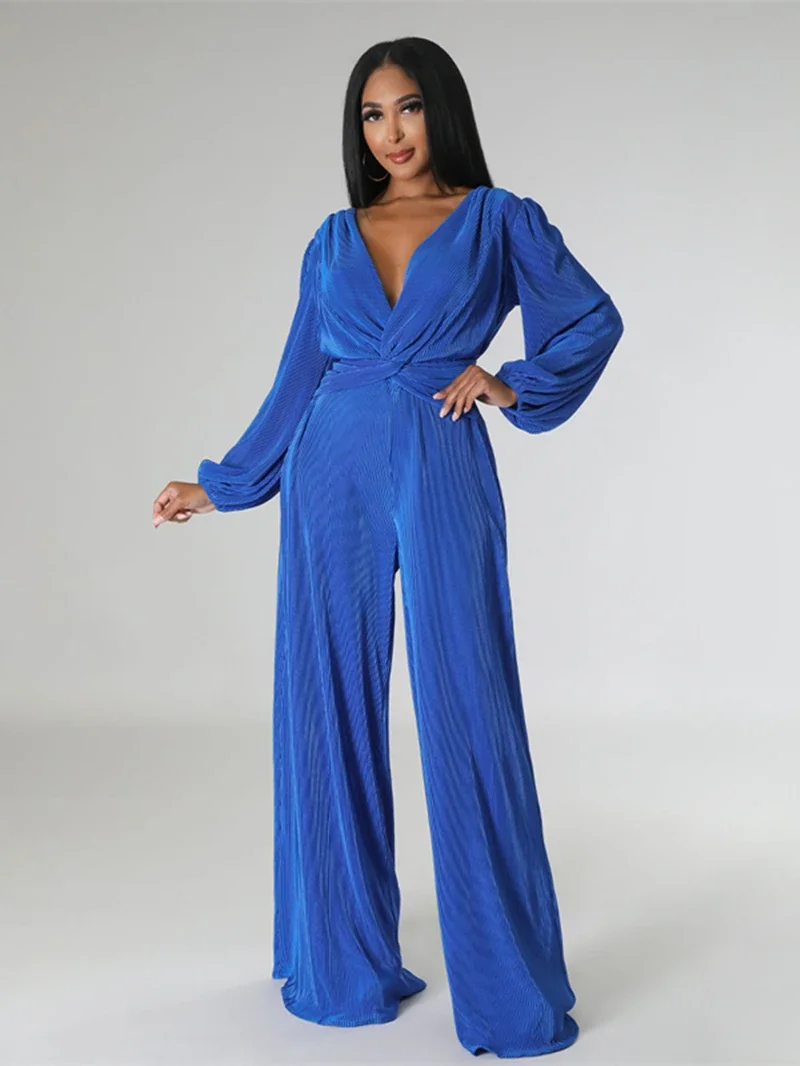 Fashion Pleated Jumpsuits for Women Autumn Y2K Clothing Solid V-Neck Wide Leg Pants Long Rompers Playsuits One Pieces Overalls