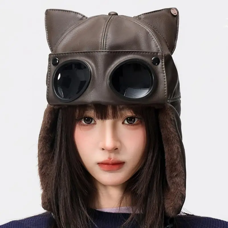 Cold-Weather Ear Cover Hat with Attached Decorative Eyewear, Plush Interior and Foldable Design for Winter Wear D0UB