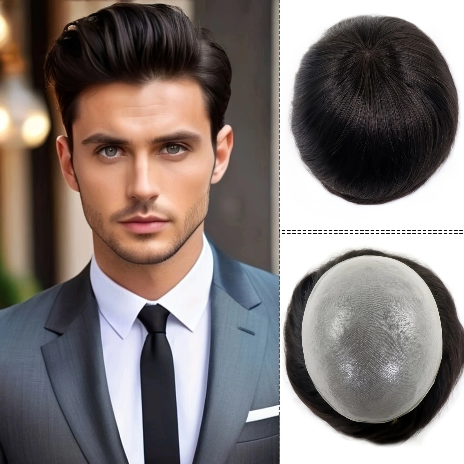 

Men's 8x10 Realistic PU Skin Human Hair Toupee - Short Straight Injection Prosthesis for Balding & Thin Hair Replacement
