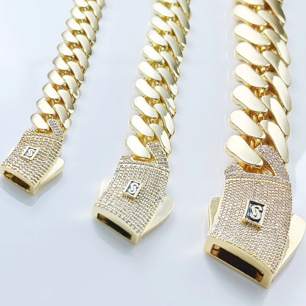 2025 New Men's Hip Hop Cuban Necklace Miami Bracelet Spring Zircon Buckle Brass Retro 14K Thick Chain Black Personalized Logo