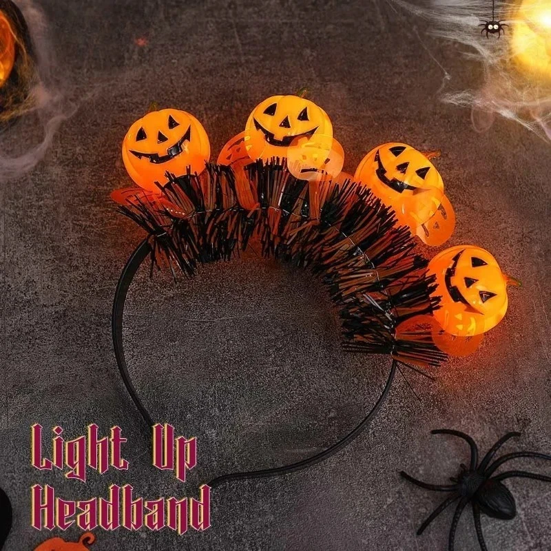 

Светодиодная светящаяся повязка на голову в виде желтой тыквы, черно-оранжевый ободок для волос с блестящими бахромками, светящийся жуткий аксессуар для вечеринки на Хэллоуин и ночных мероприятий
