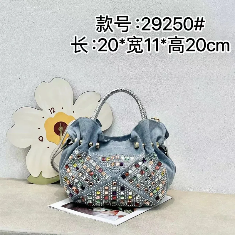 Korean mini fashion diamond set canvas tote girl denim trend bag Crossbody denim Blue 2024 new model