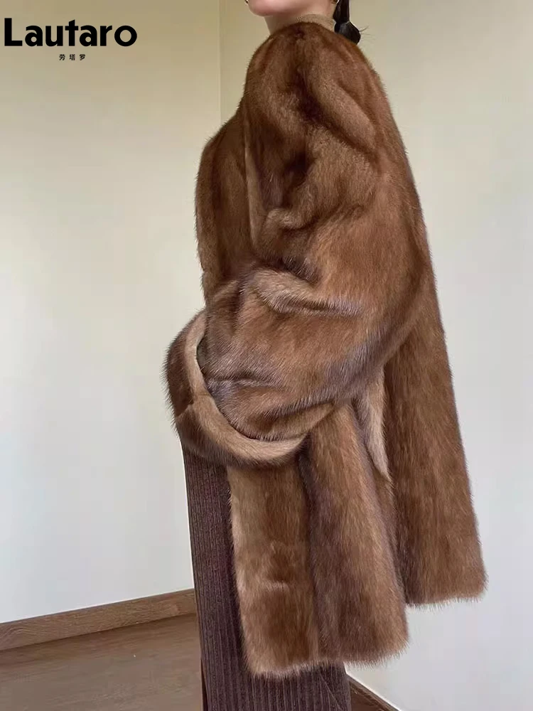 Lautaro Autumn Winter Elegant Thick Warm Soft Fluffy Brown Faux Mink Fur Coat Women Single Breasted Luxury Designer Outerwear