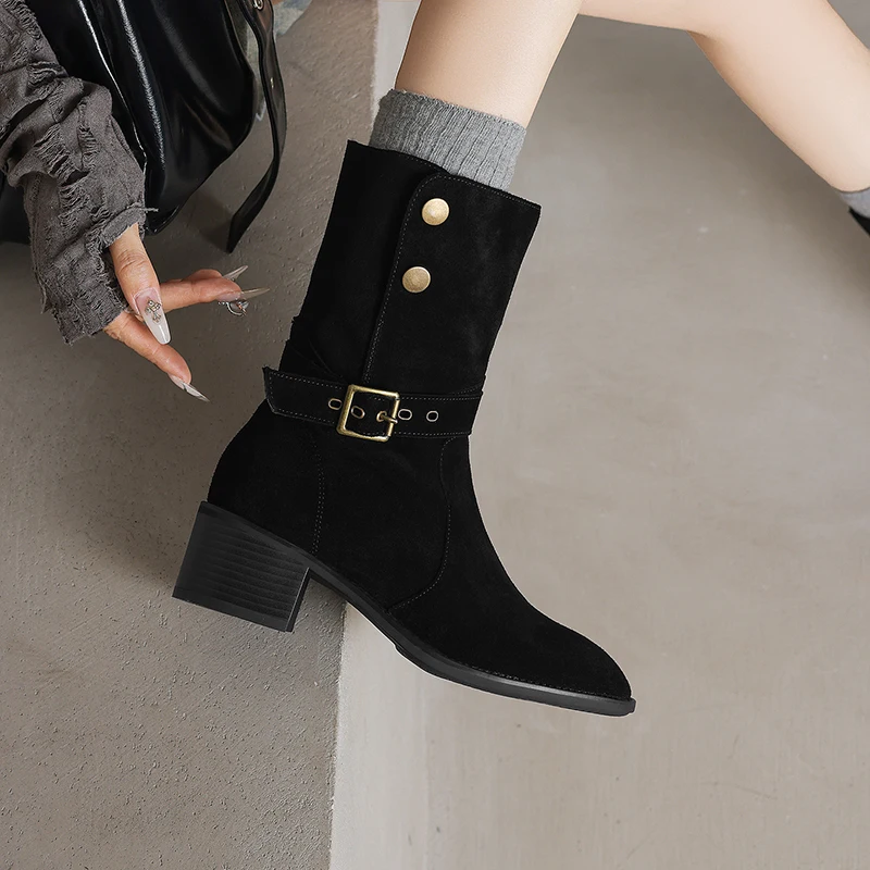 2026 new autumn winter women ankle boots natural leather plus size 22-26.5cm cow suede round toe belt buckle button short boots