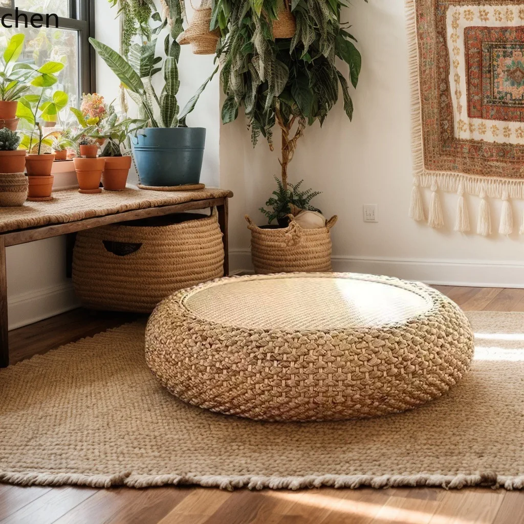 HXL Rattan Woven Low Stool for Living Room, Round Seat Stool, Leisure Balcony Bay Window Ottoman