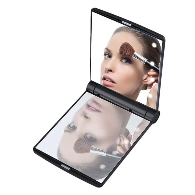 CX56 11x8,5 CM 8 lámparas de luces LED mujeres niñas espejo de maquillaje rectangular plegable portátil tamaño de bolsillo compacto cosmético de viaje U2JD