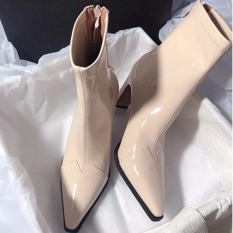 

High Heeled Pointed Toe Stiletto Heel Booties Fashion Fall Winter New Retro Paneled Rear Zipper Non-Slip Skinny Boots