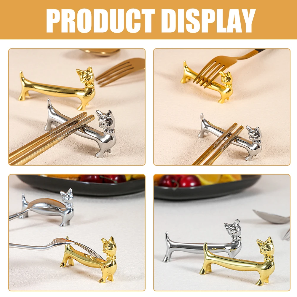 

2 Pcs Metal Cat Chopstick Holders Golden Silver Kitchen Dining Tableware Spoon Fork Rest Decorative Zinc Stand