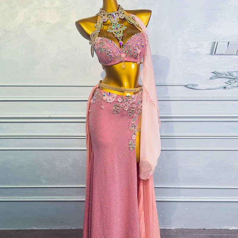 ผู้หญิงที่กําหนดเองหรูหรา Rhinestone Bra + กระโปรงยาว 3 ชิ้นสาว Oriental Dance Performance ชุด Elegant Belly Dancer เครื่องแต่งกาย