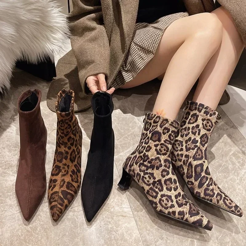 

Design Women Ankle Boots Suede Pointed Toe Heels Shoes New Chelsea Boots Brand Autumn Winter Dress Pumps Trend Snow Botas Mujer