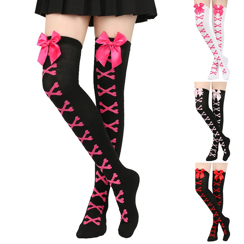 1 Pair Girls Black Sweet Cute Pink Y2K Harajuku Lolita Thigh High Stockings New Hot Girl Bone Bow Socks Streetwear