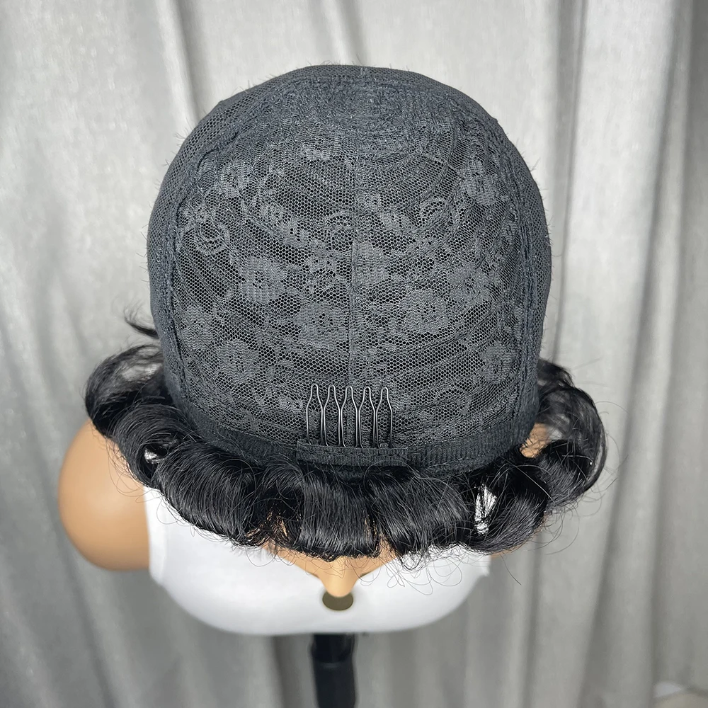 Peruka Pixie Cut z Włosów Naturalnych, Cała Wykonana Maszynowo, Kręcone Włosy typu Egg Curl, Peruka Pixie Cut z Włosów Naturalnych z Grzywką, Kręcone Peruki z Włosów Naturalnych dla Czarnoskórych Kobiet