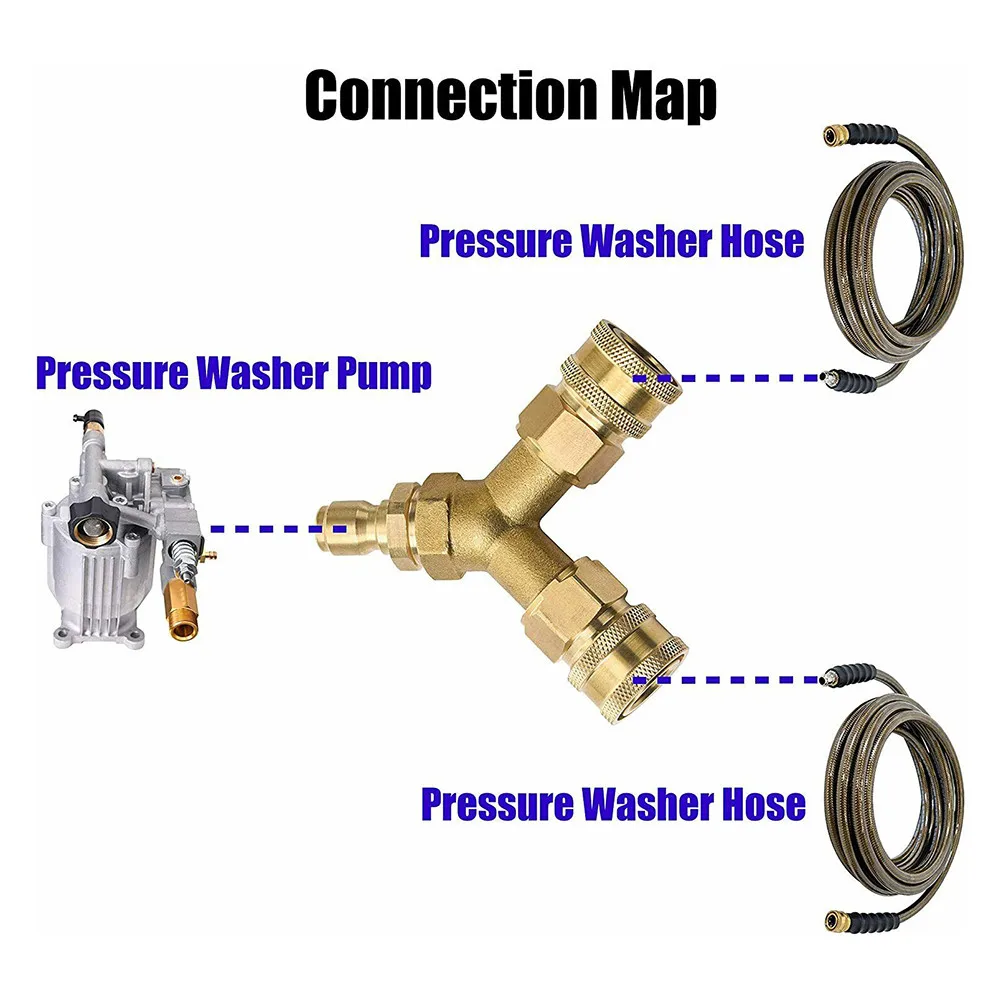 Brass 3/8 Inch Quick Connect Pressure Washer Tee Splitter Coupler 5000PSI Dual Hose Adapter For High Pressure Cleaning Machine