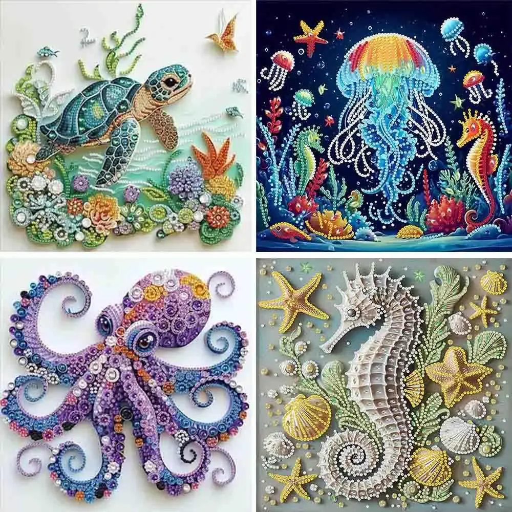 

4 pack Marine Animals Special Shape Diamond Painting Kits for Beginner,Crystal Rhinestones Diamond Dots Diamond Art Accessories